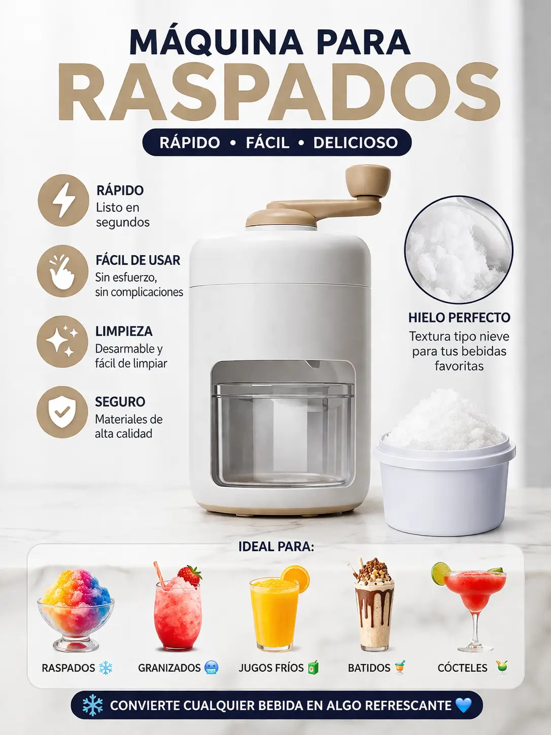 Raspador de Hielo Premium - Crea Granizados y Cócteles en Segundos.