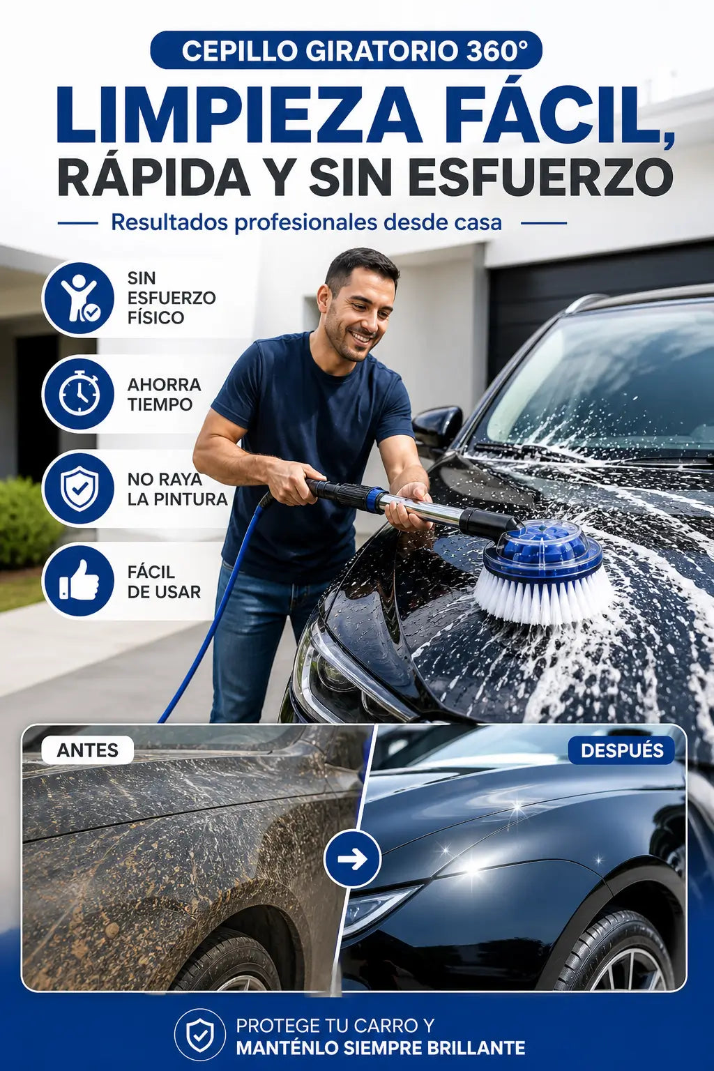 Cepillo Giratorio 360°: Limpieza Fácil para Carro, Moto y Hogar
