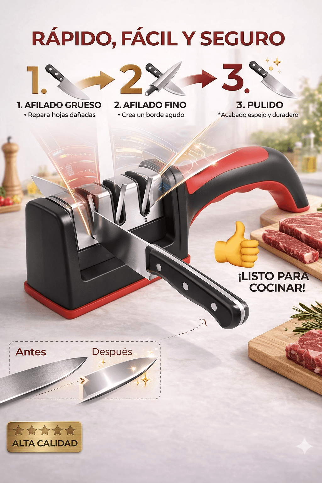 Afilador de Cuchillos Profesional de 3 Etapas:Recupera el filo y corta como nuevo en segundos.