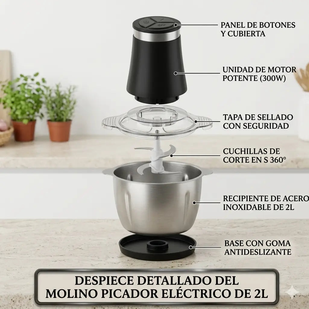 Picador Eléctrico Multiuso 2L de Acero Inoxidable